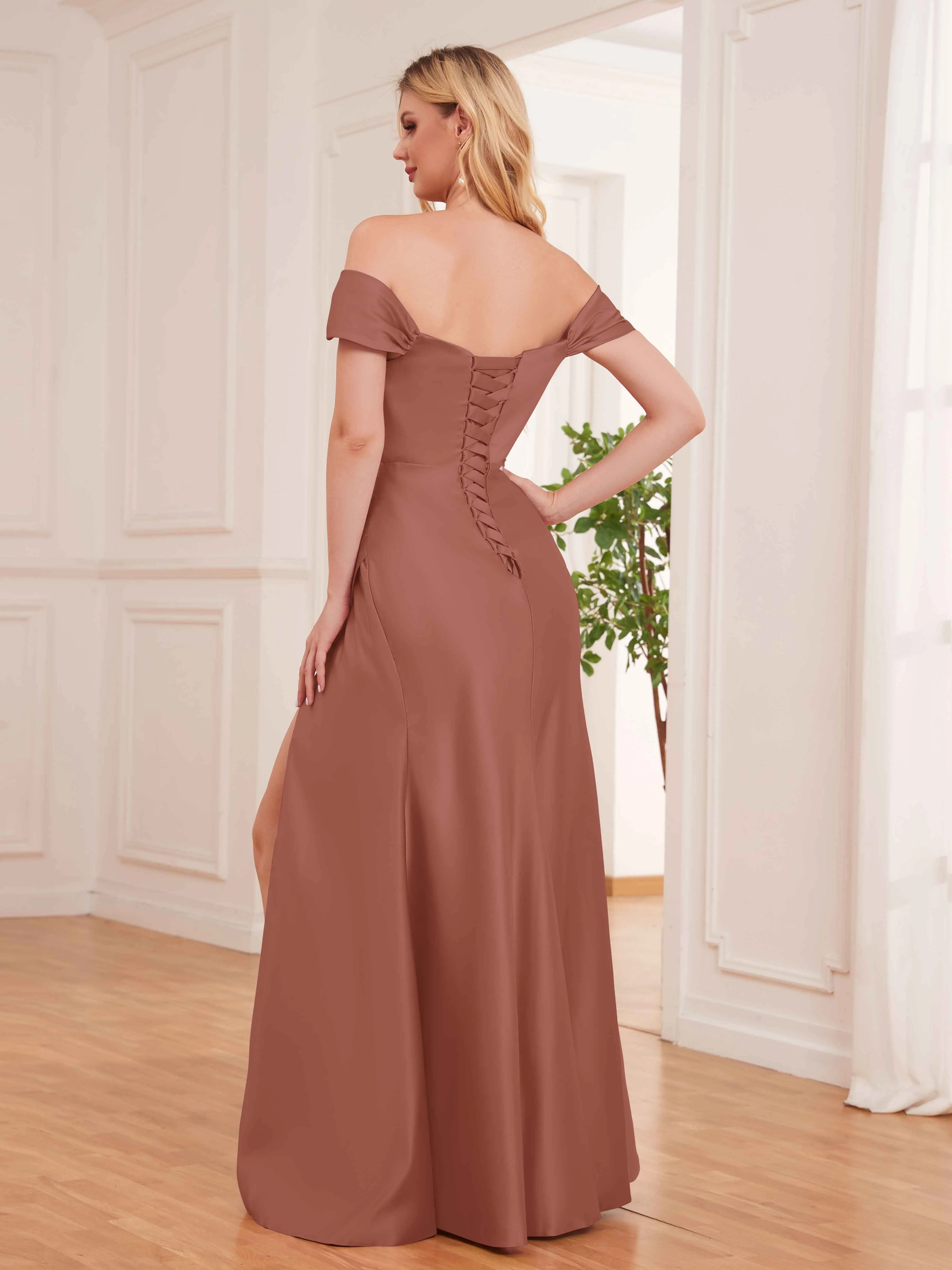 Esther Affordable Off The Shoulder Brush Train Satin Formal Dresses