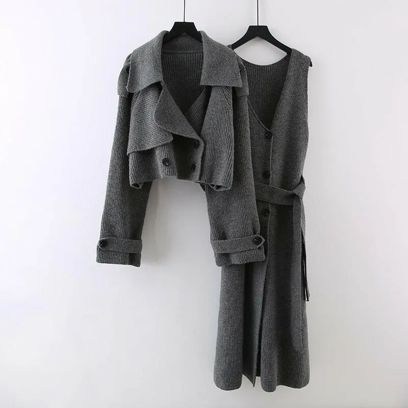 Fashion Knitted 2 Pieces Set For Women Lapel Single Breasted Long Sleeves Patchwork Coat Straight Belt Dresses