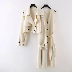 Fashion Knitted 2 Pieces Set For Women Lapel Single Breasted Long Sleeves Patchwork Coat Straight Belt Dresses