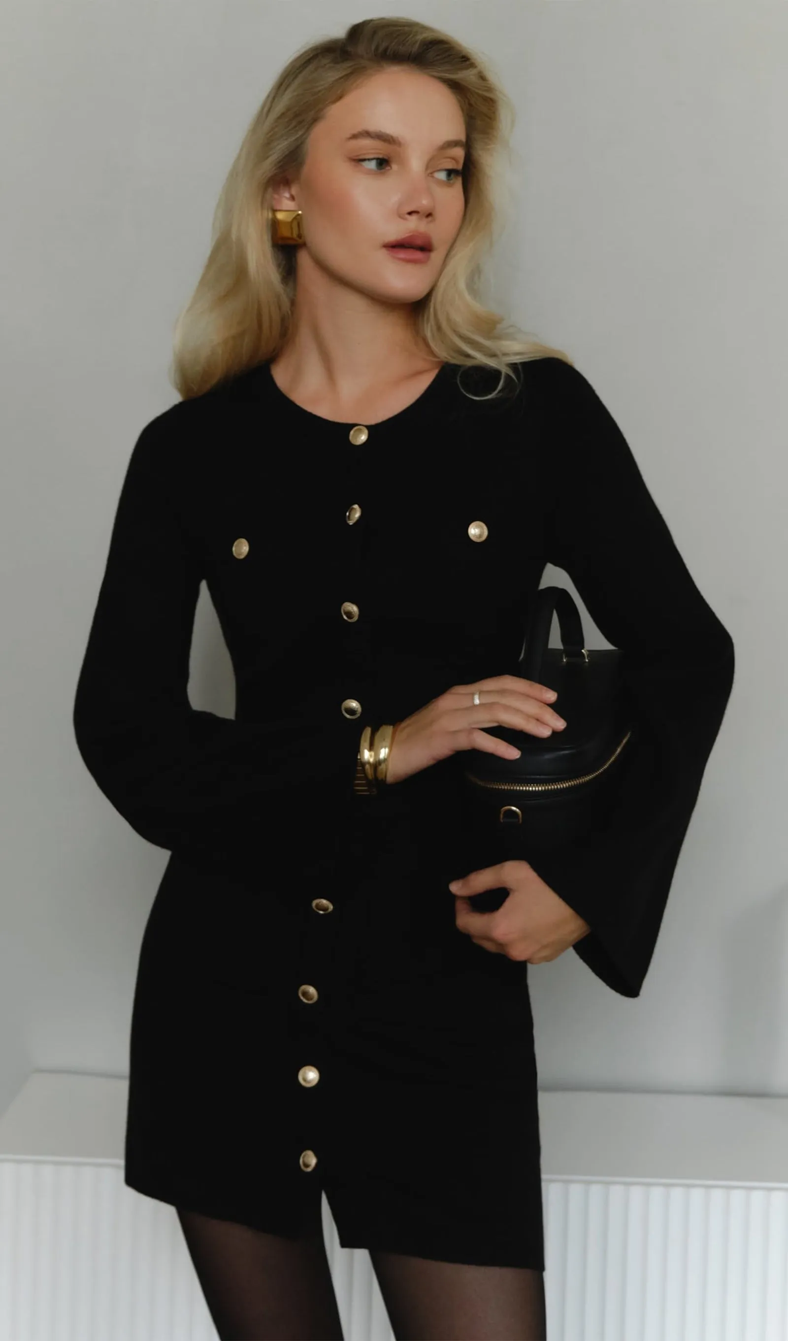 Flared Sleeves Knitted Mini Dress-Black