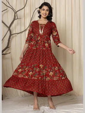 Floral Print Tiered Ankle Length Embellished Dress - Red
