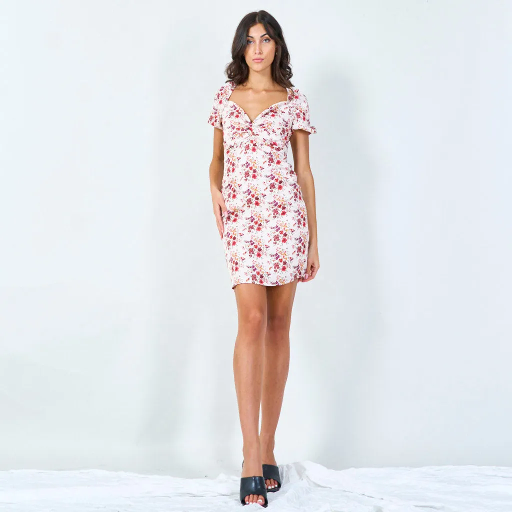 Floral print wrap dress with puff sleeves wholesale