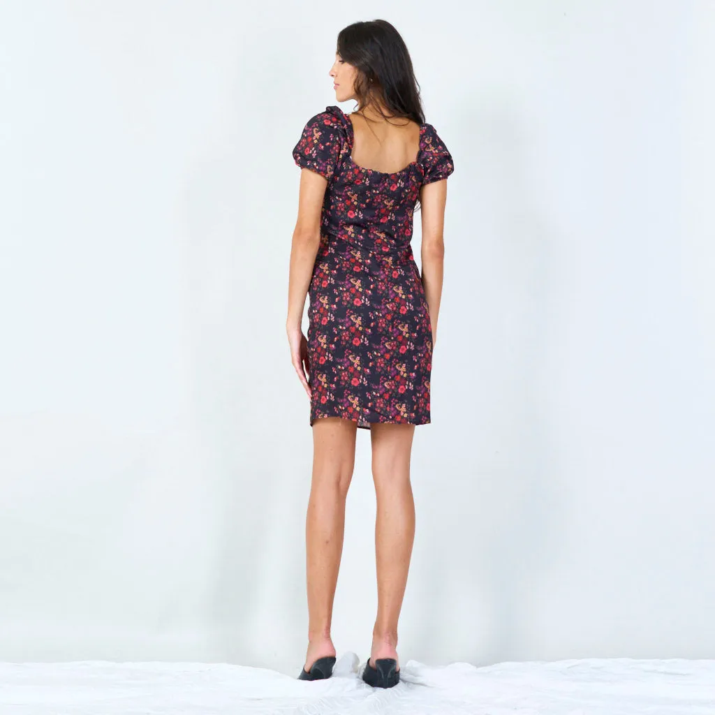Floral print wrap dress with puff sleeves wholesale