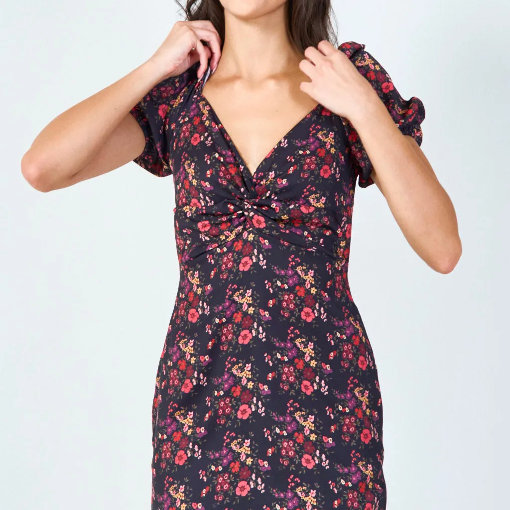 Floral print wrap dress with puff sleeves wholesale
