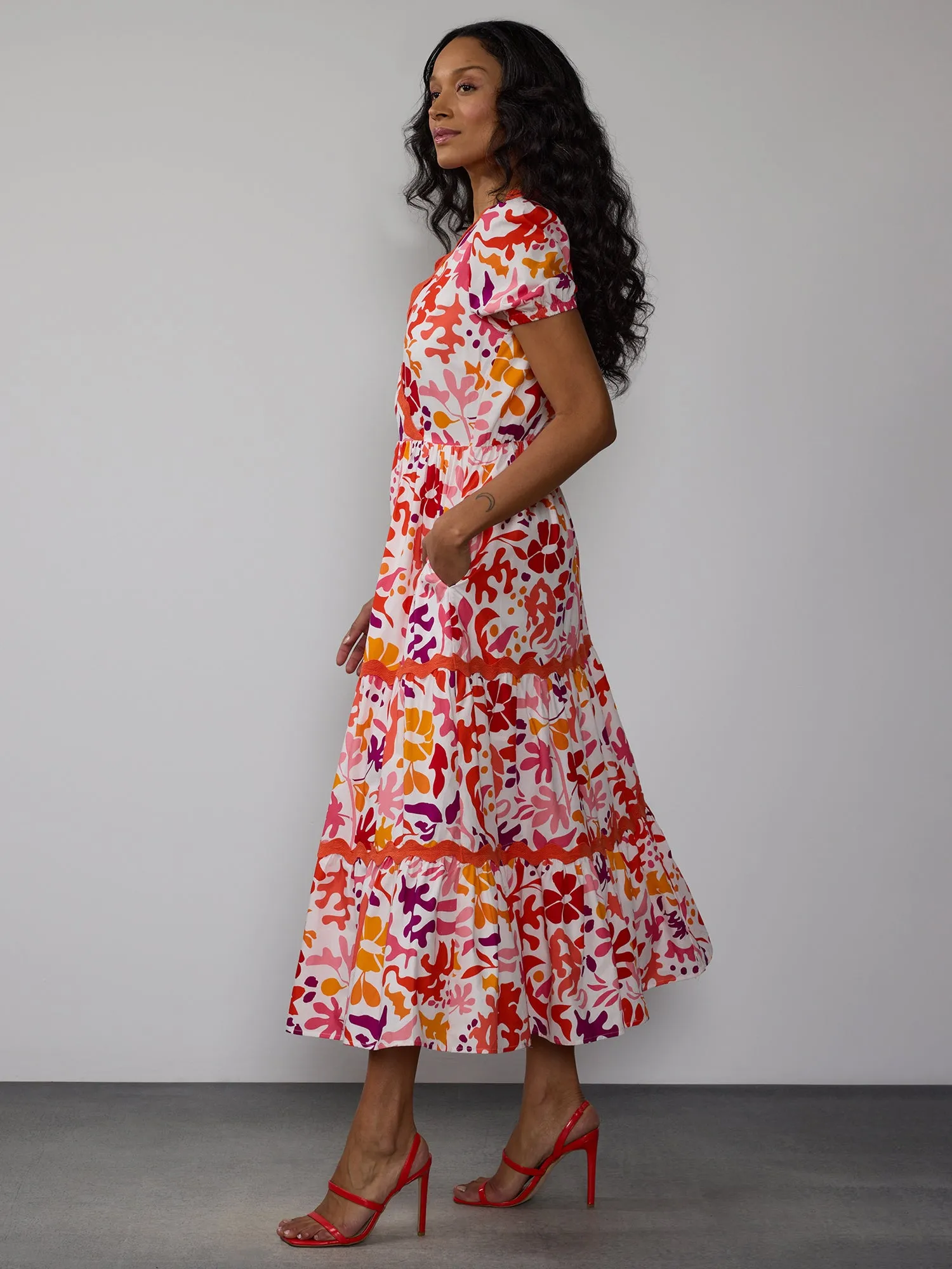 Floral Rick Rack Trim Tiered Maxi Dress