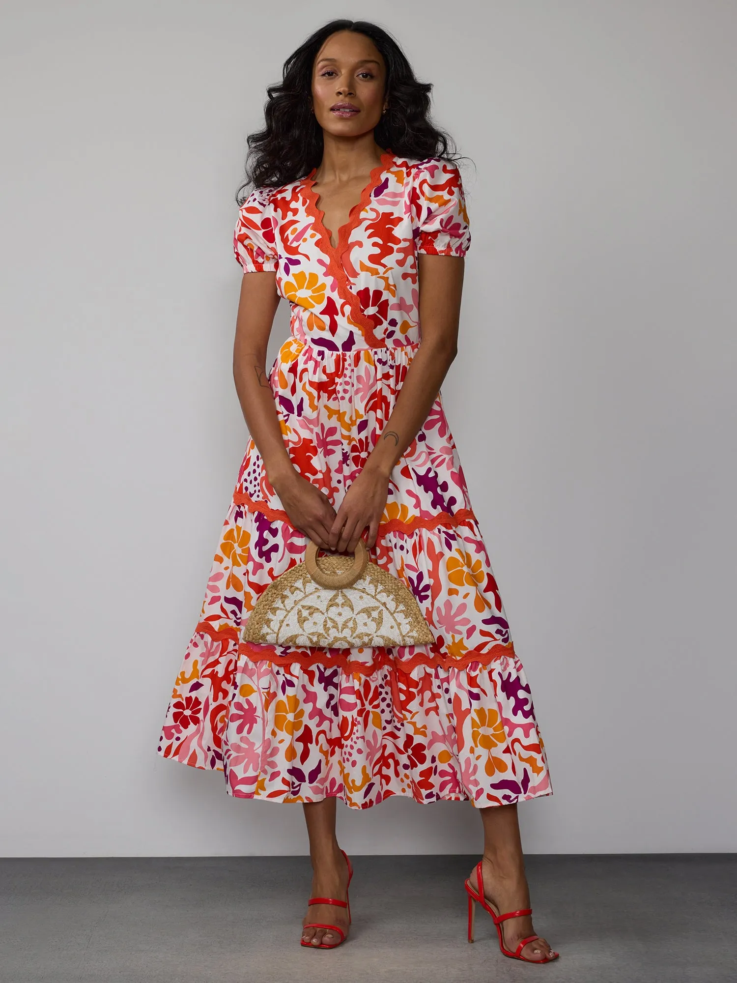 Floral Rick Rack Trim Tiered Maxi Dress