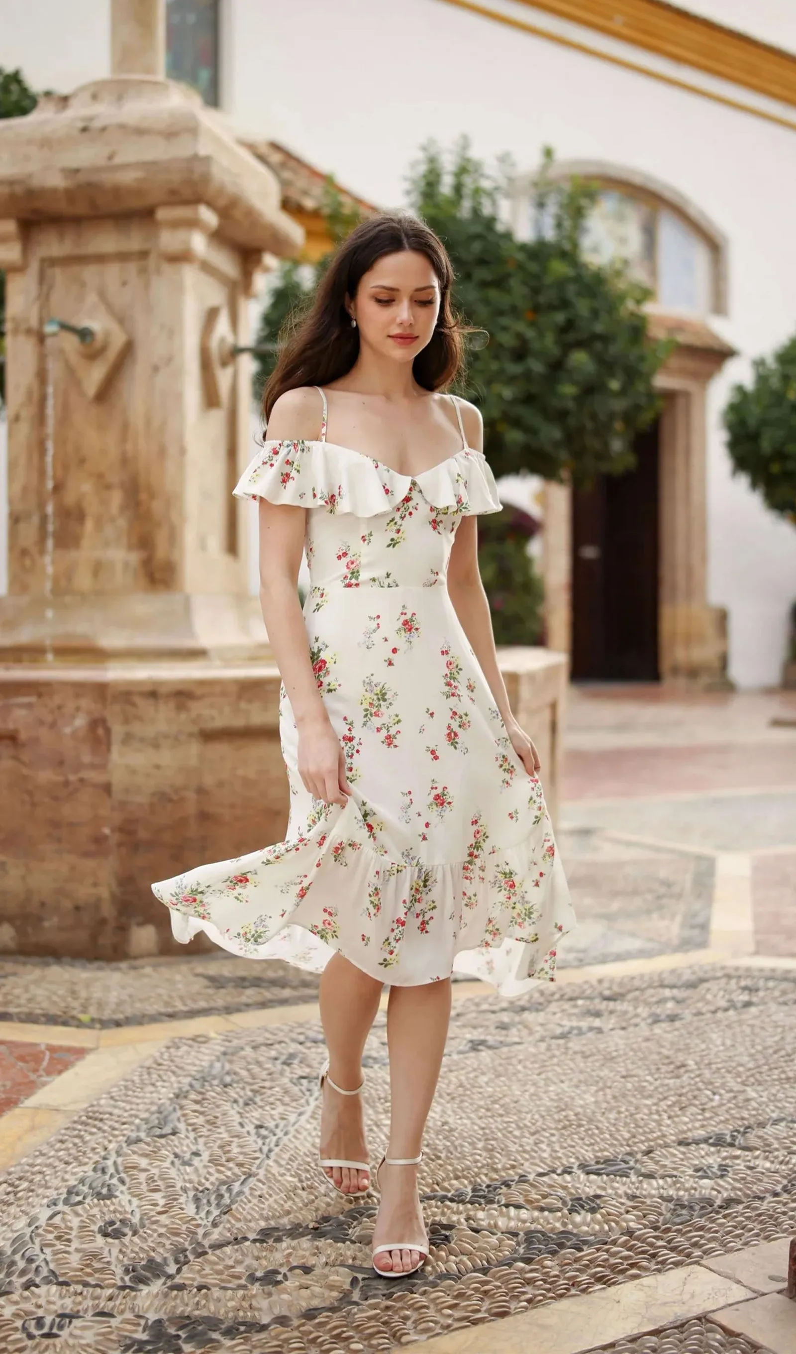 Floral Ruffle Off Shoulder Midi Dress