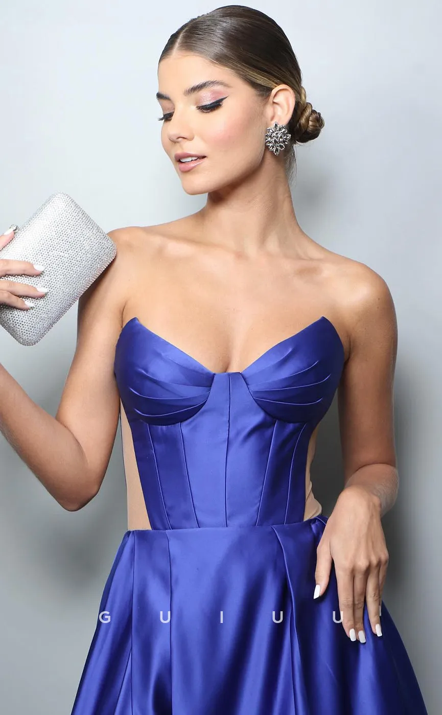 G4180 -  A-Line V Neck Sleeveless Stain Back Zipper Prom Party Dress with High Side Slit and Train