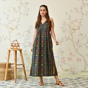 Green Cotton Printed Strappy Shoulder Maxi Dress