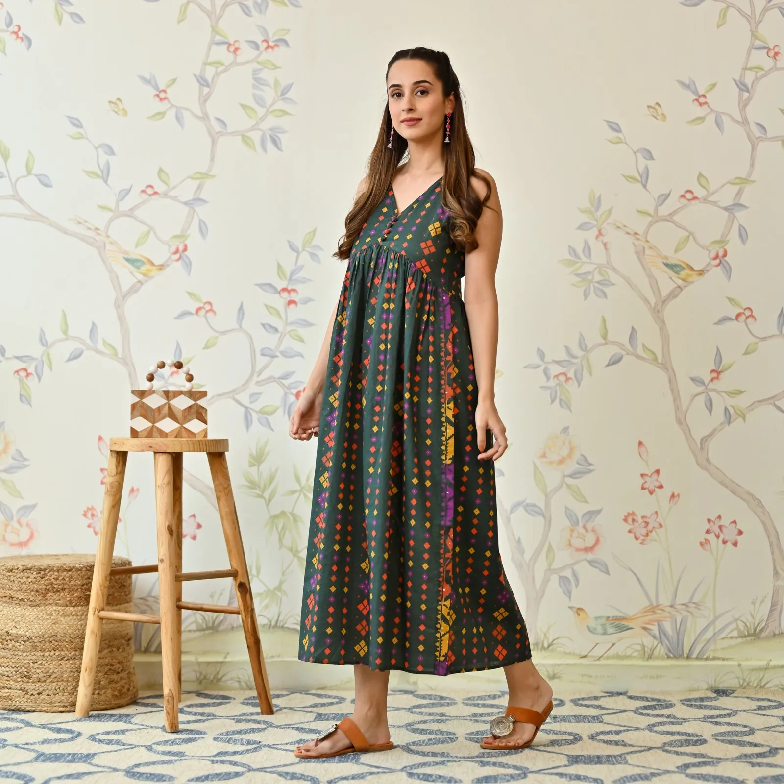 Green Cotton Printed Strappy Shoulder Maxi Dress