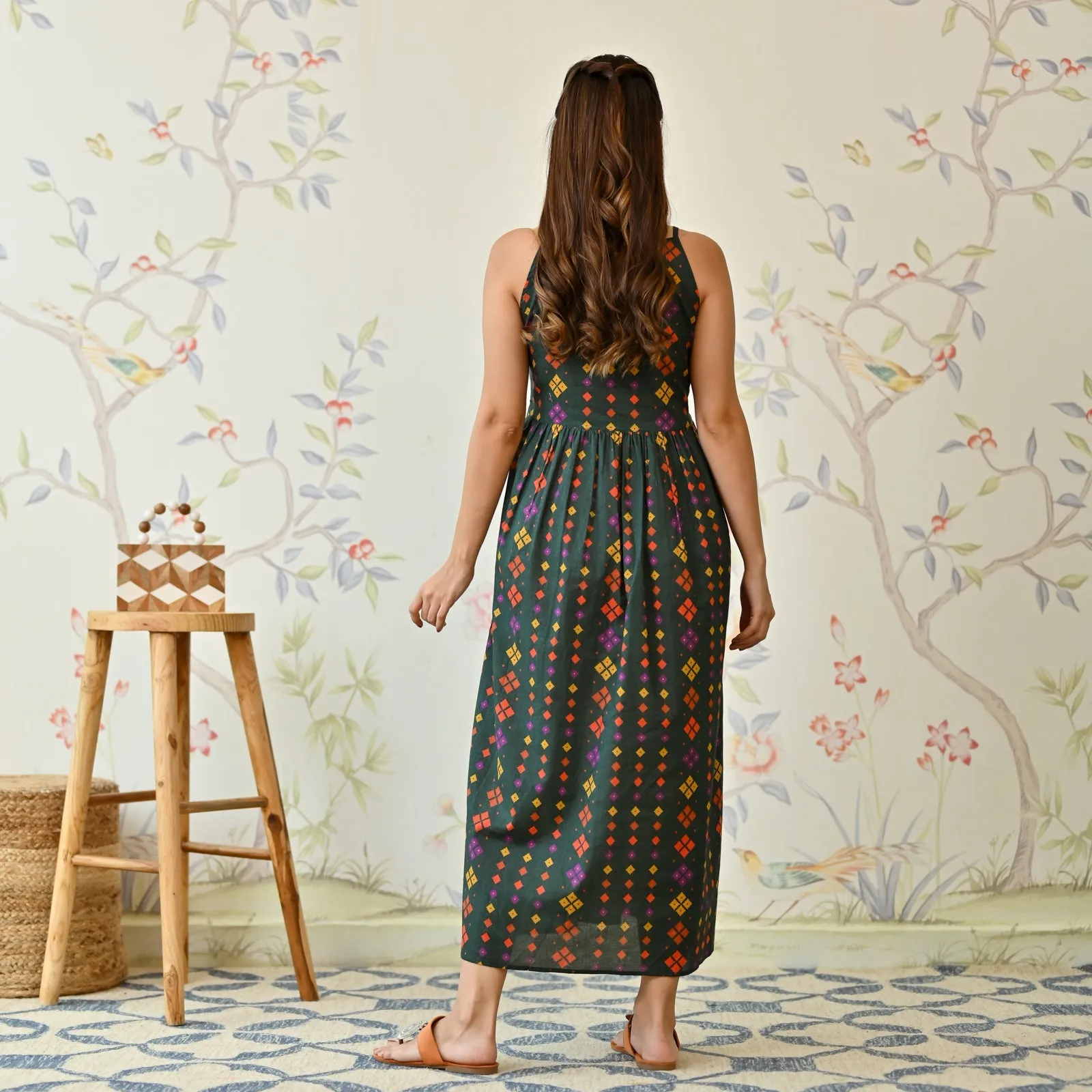 Green Cotton Printed Strappy Shoulder Maxi Dress