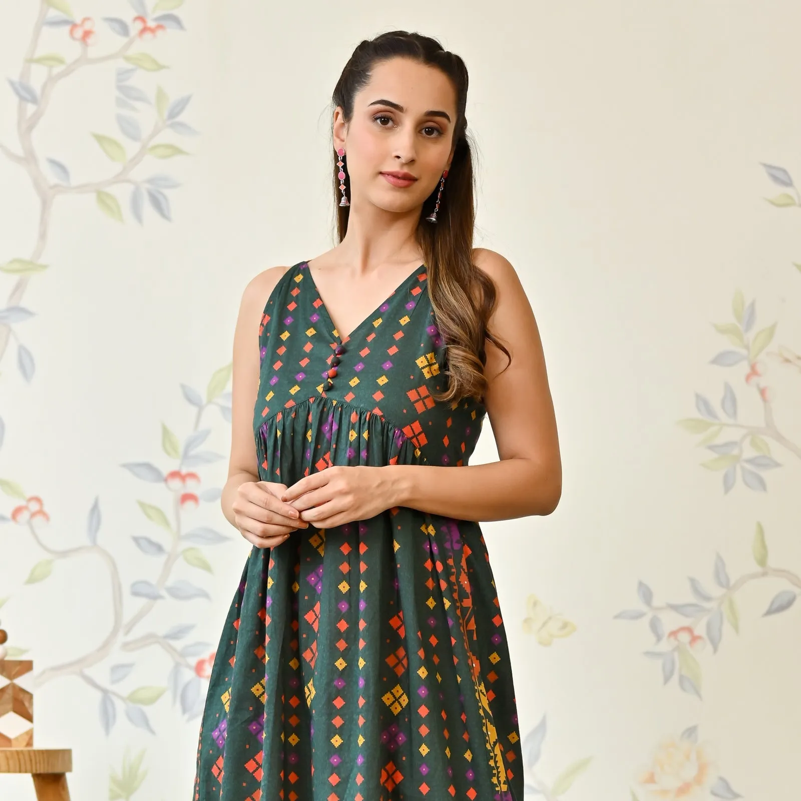 Green Cotton Printed Strappy Shoulder Maxi Dress