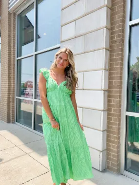 Green Flutter Sleeve Gingham Maxi Dress