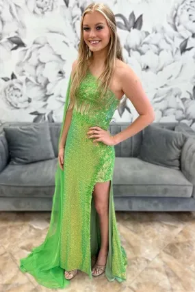 Green Sequin Lace One-Shoulder Long Formal Dress with Attached Train