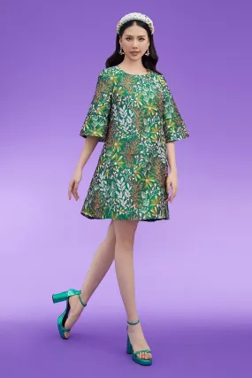 Guerra Trapezoid Flare Sleeved Brocade Above The Knee Dress