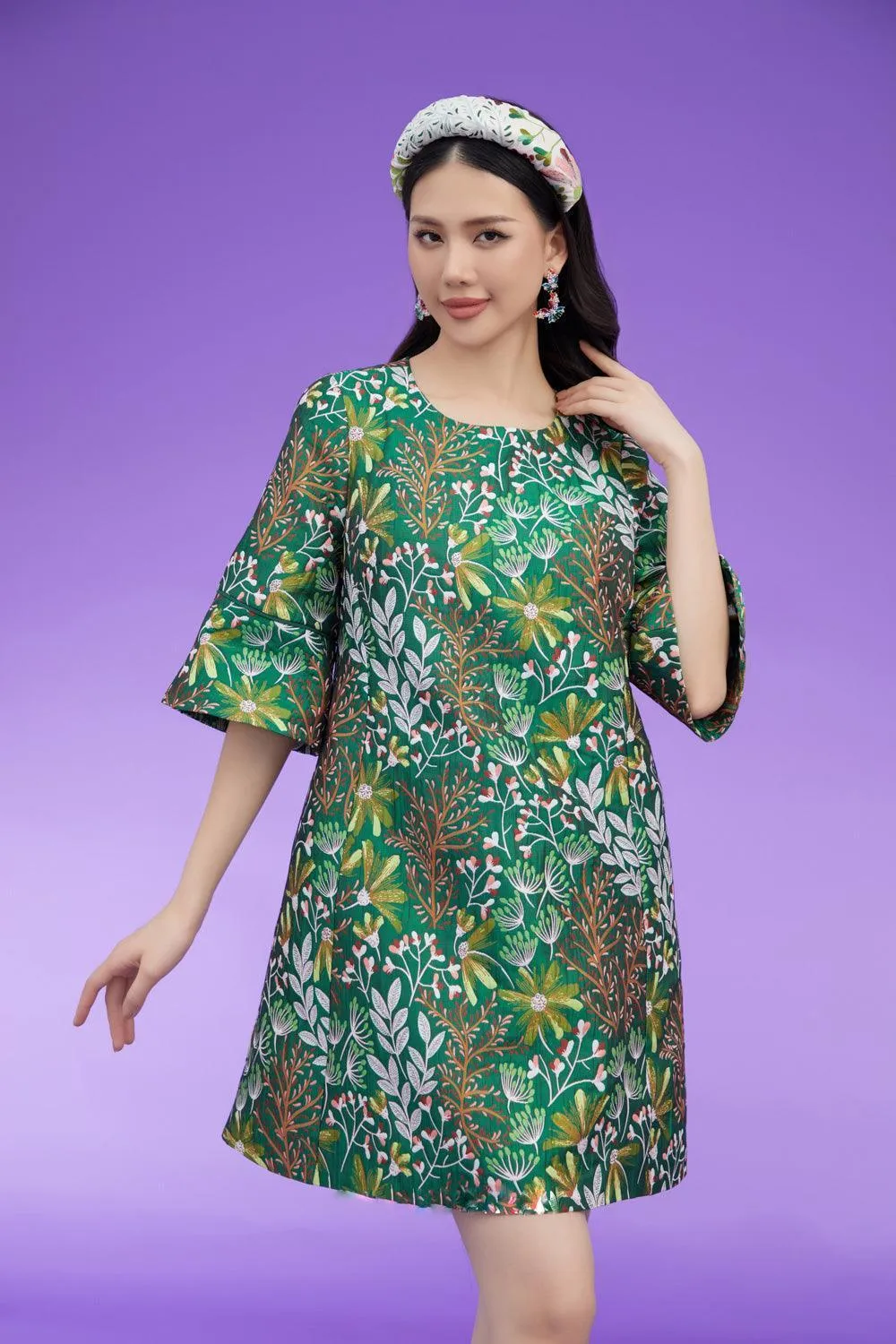 Guerra Trapezoid Flare Sleeved Brocade Above The Knee Dress
