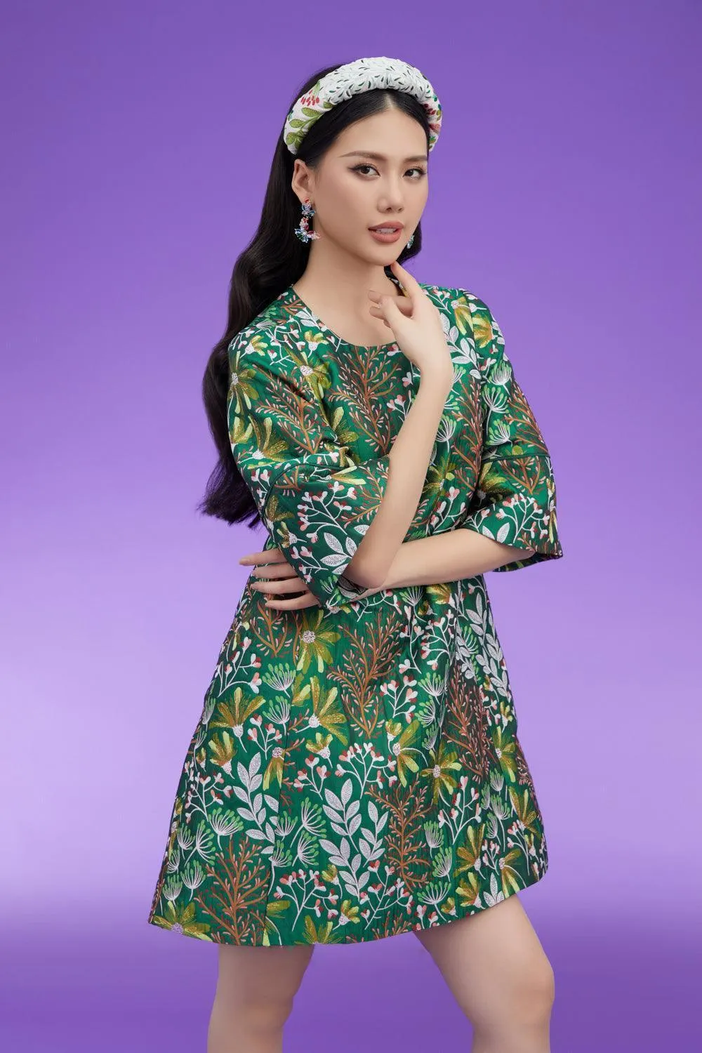Guerra Trapezoid Flare Sleeved Brocade Above The Knee Dress