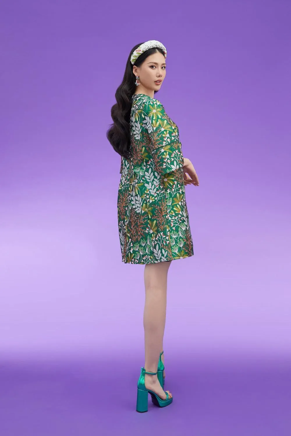 Guerra Trapezoid Flare Sleeved Brocade Above The Knee Dress