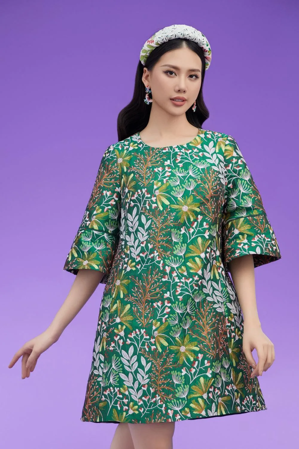 Guerra Trapezoid Flare Sleeved Brocade Above The Knee Dress