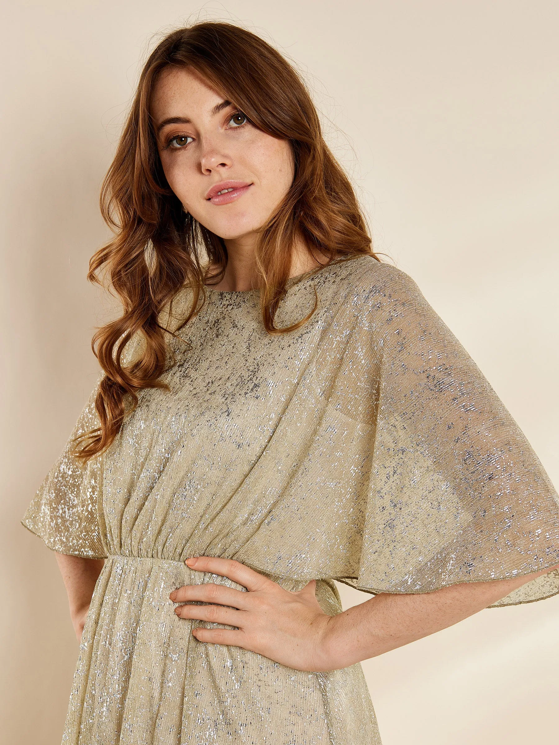 GWD Breanna Crinkle Metallic Gold Maxi Dress