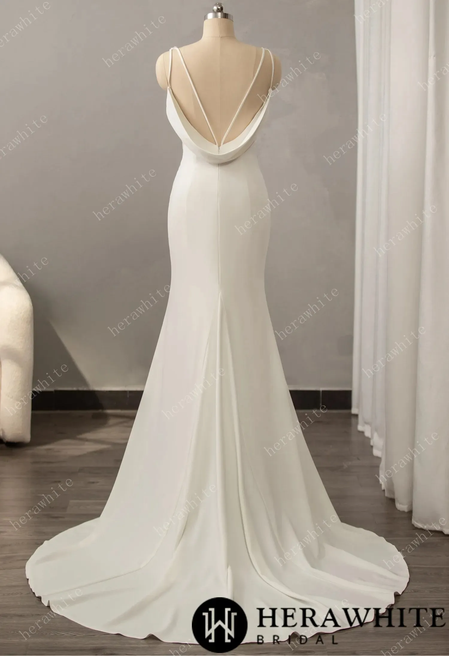 Hera White / Crepe Beaded V-neck Wedding Dress with Open Back Detail