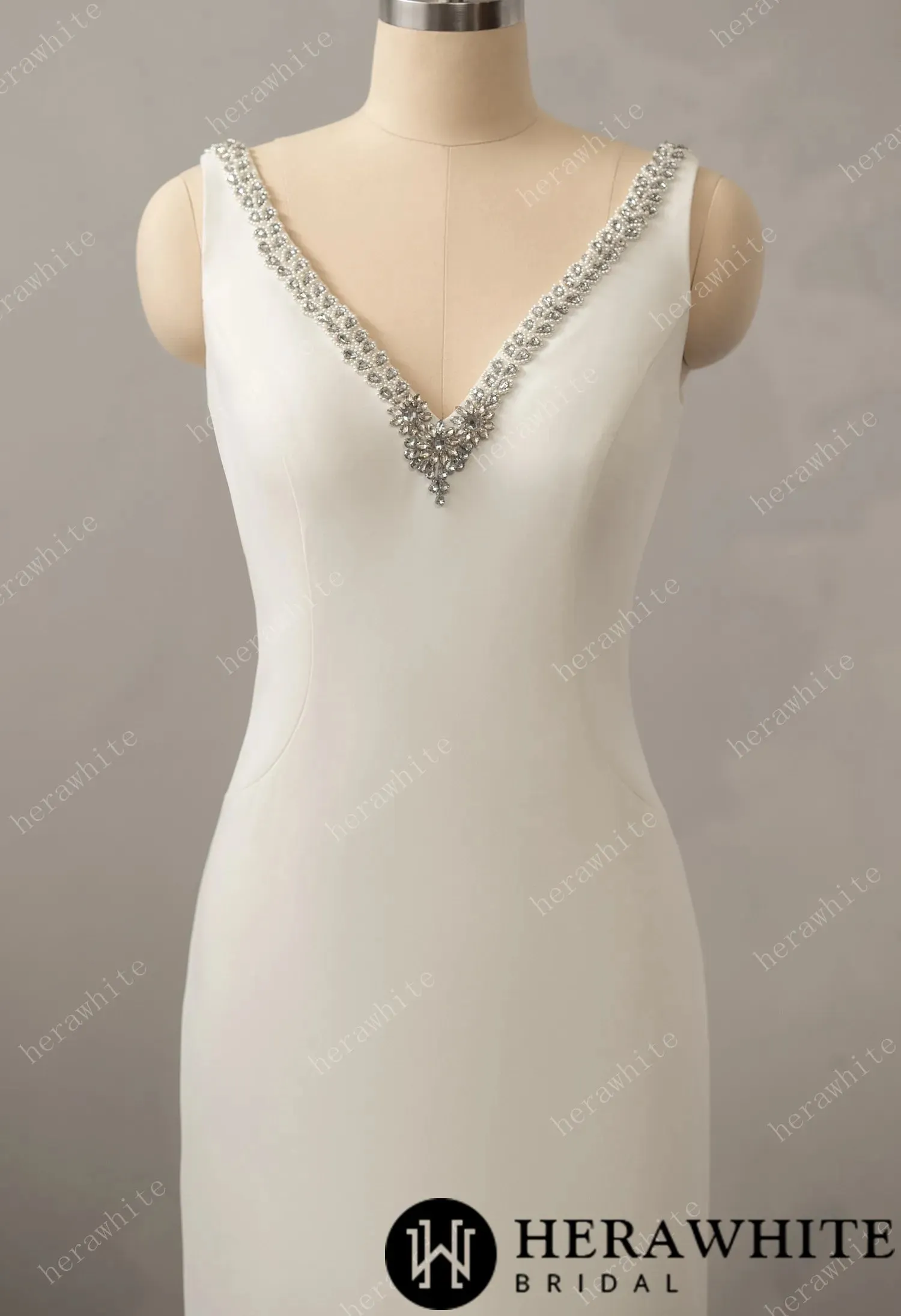 Hera White / Crepe Beaded V-neck Wedding Dress with Open Back Detail