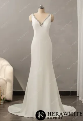 Hera White / Crepe Beaded V-neck Wedding Dress with Open Back Detail