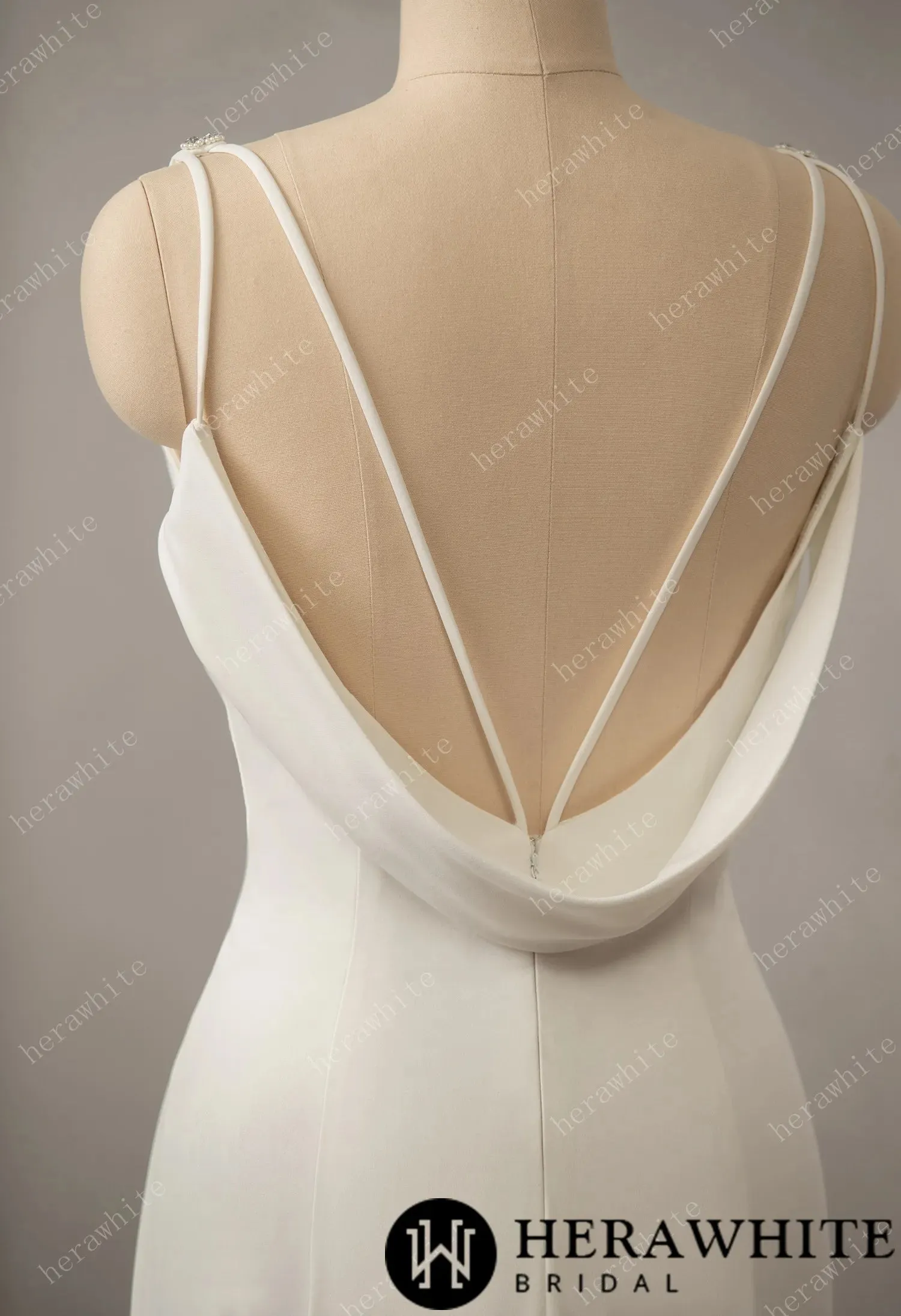 Hera White / Crepe Beaded V-neck Wedding Dress with Open Back Detail