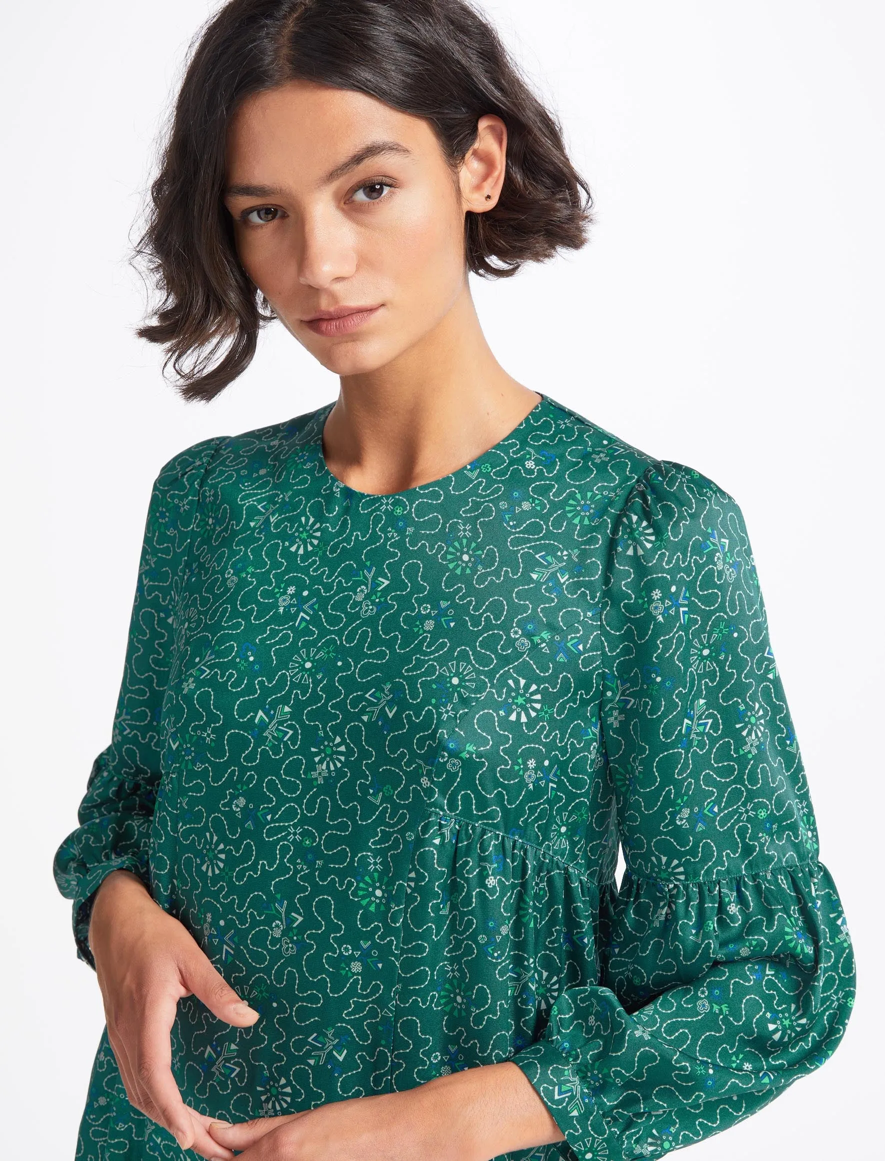 Hester Trapeze Midi Dress - Green White Wiggle Print