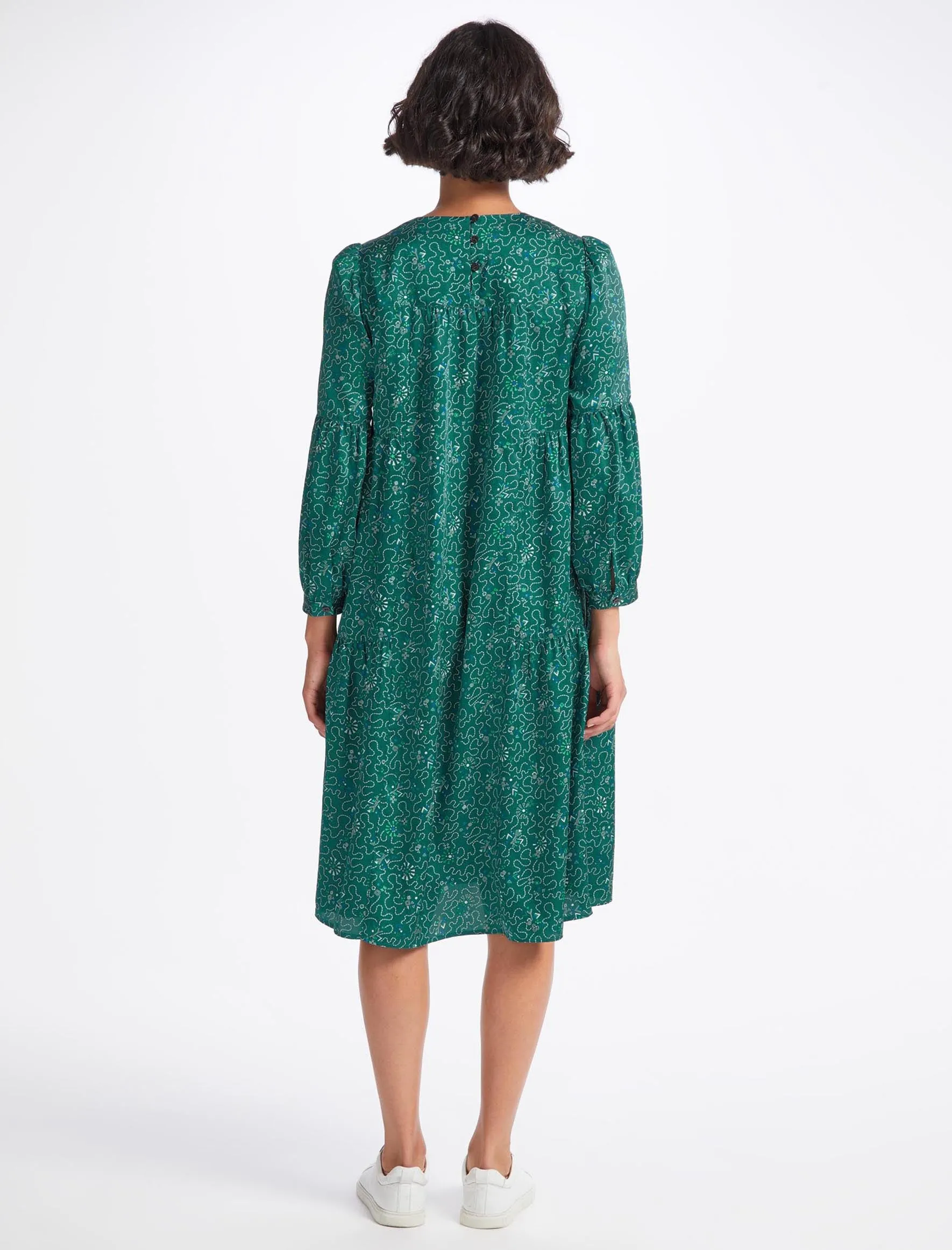 Hester Trapeze Midi Dress - Green White Wiggle Print