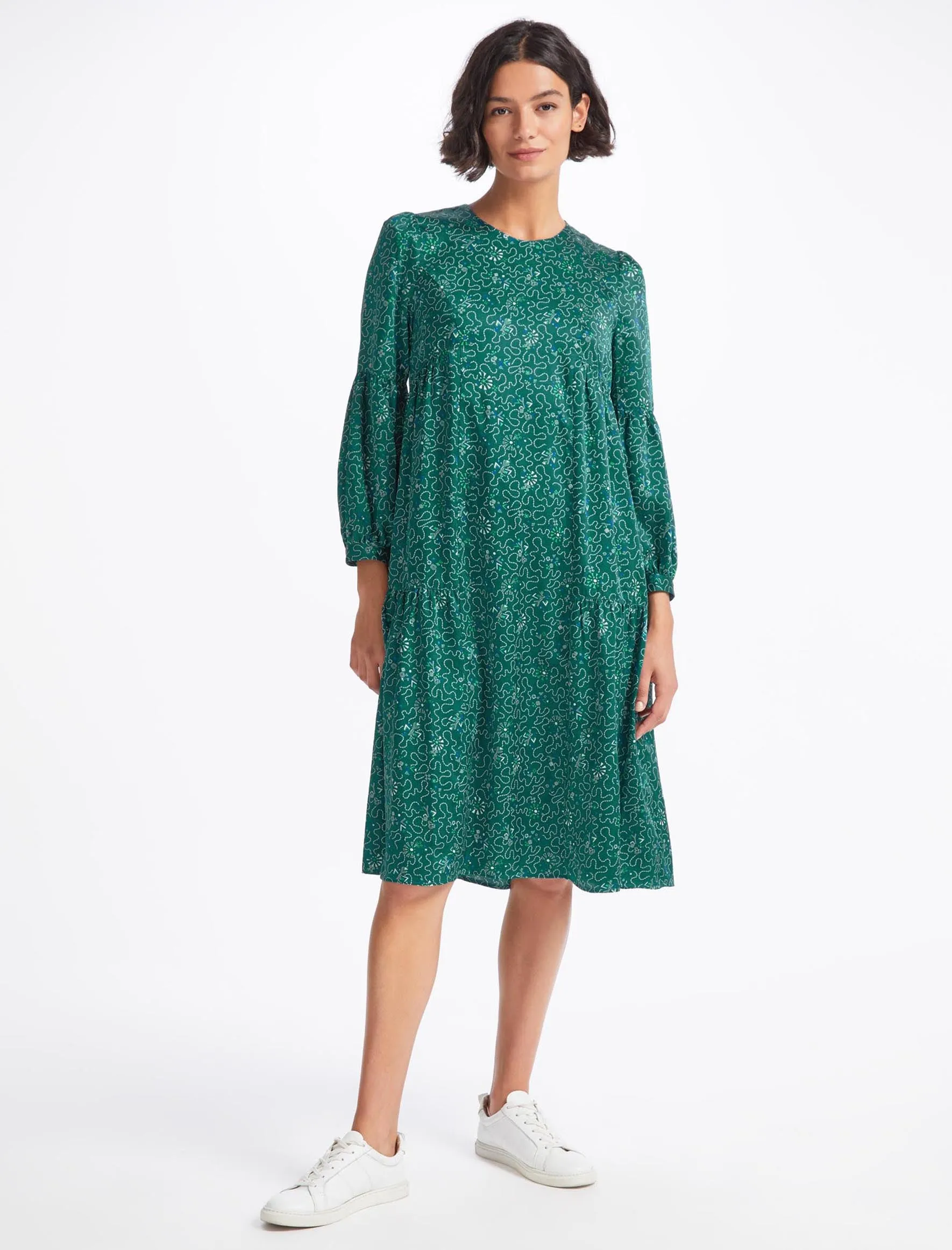 Hester Trapeze Midi Dress - Green White Wiggle Print