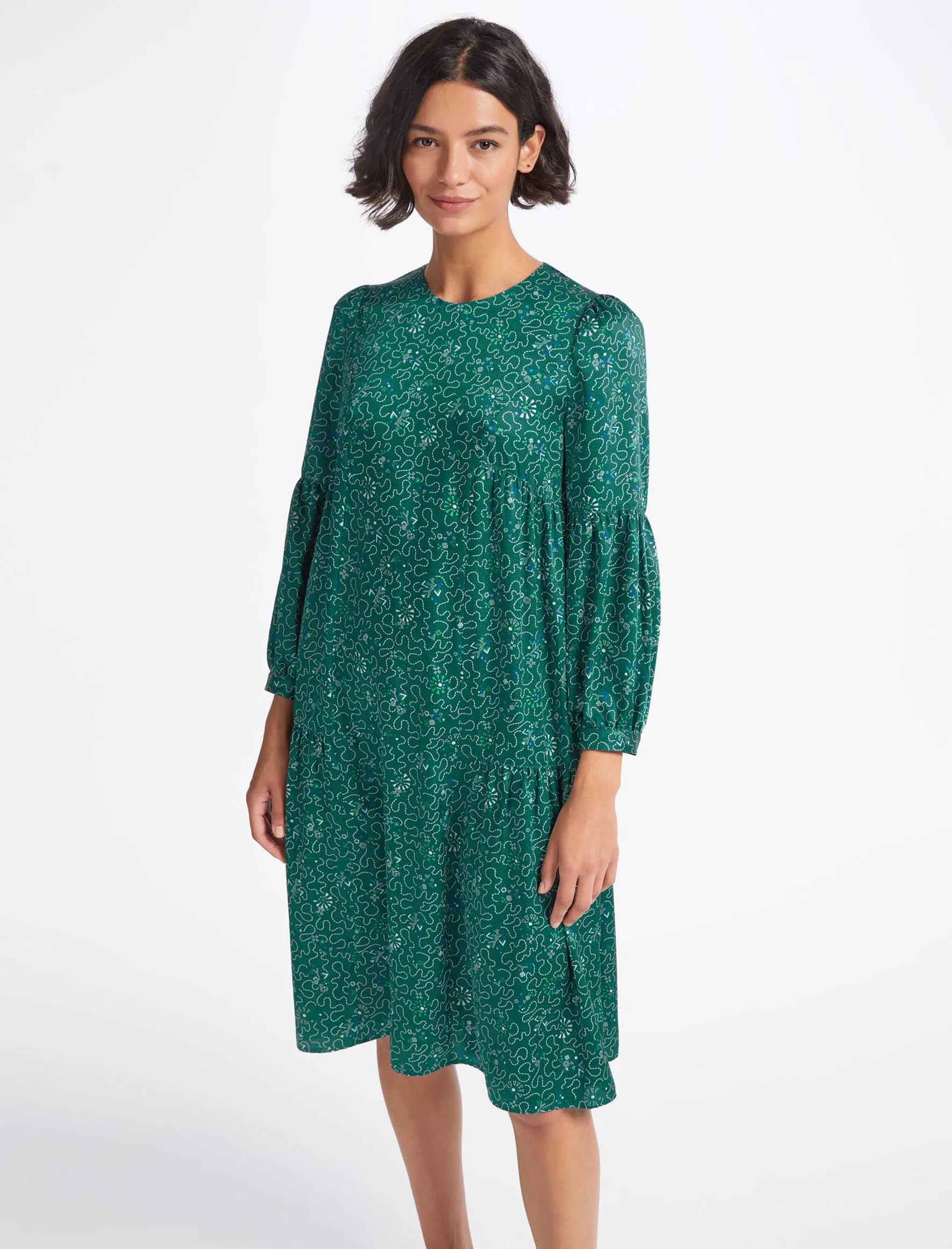 Hester Trapeze Midi Dress - Green White Wiggle Print