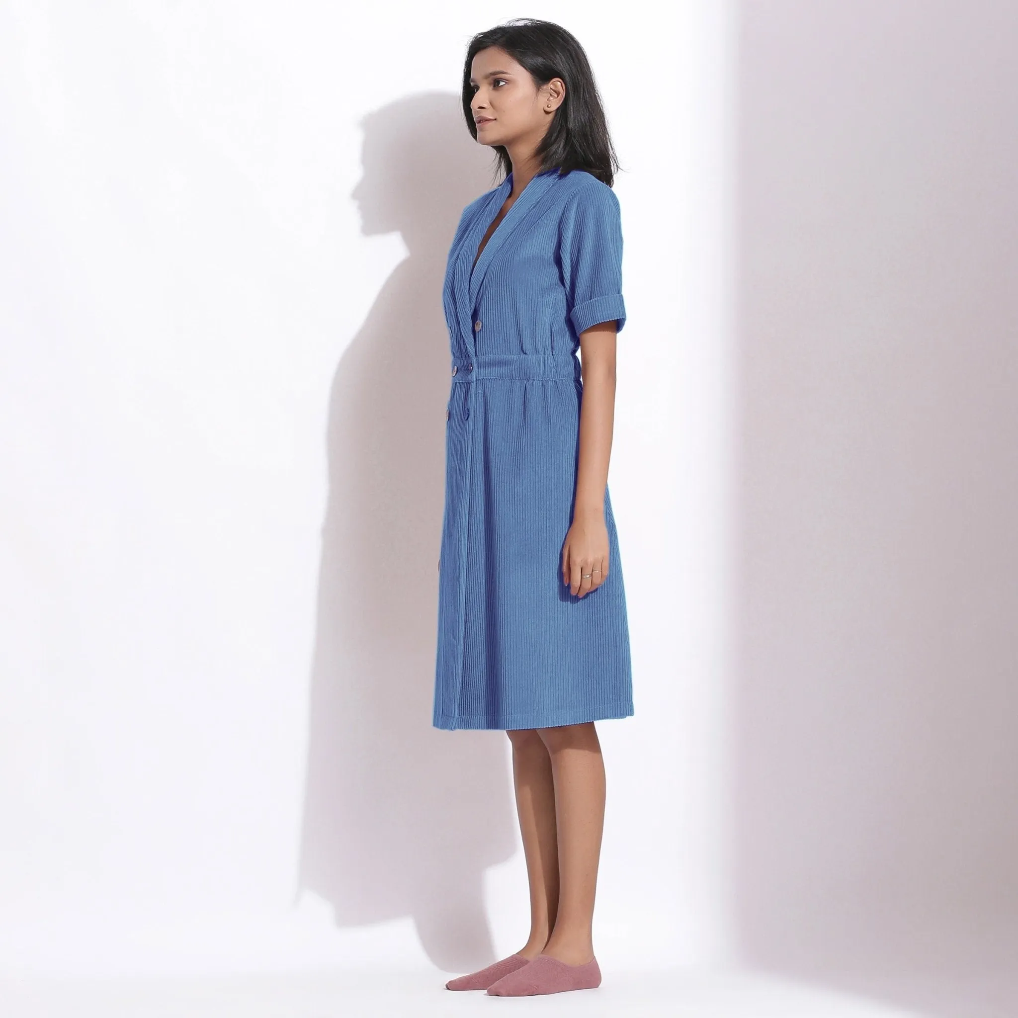 Ice Blue Warm Cotton Corduroy Knee Length Coat Dress