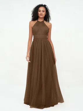 Illusion Halter Tulle Maxi Boho Dresses-Brown Plus Size