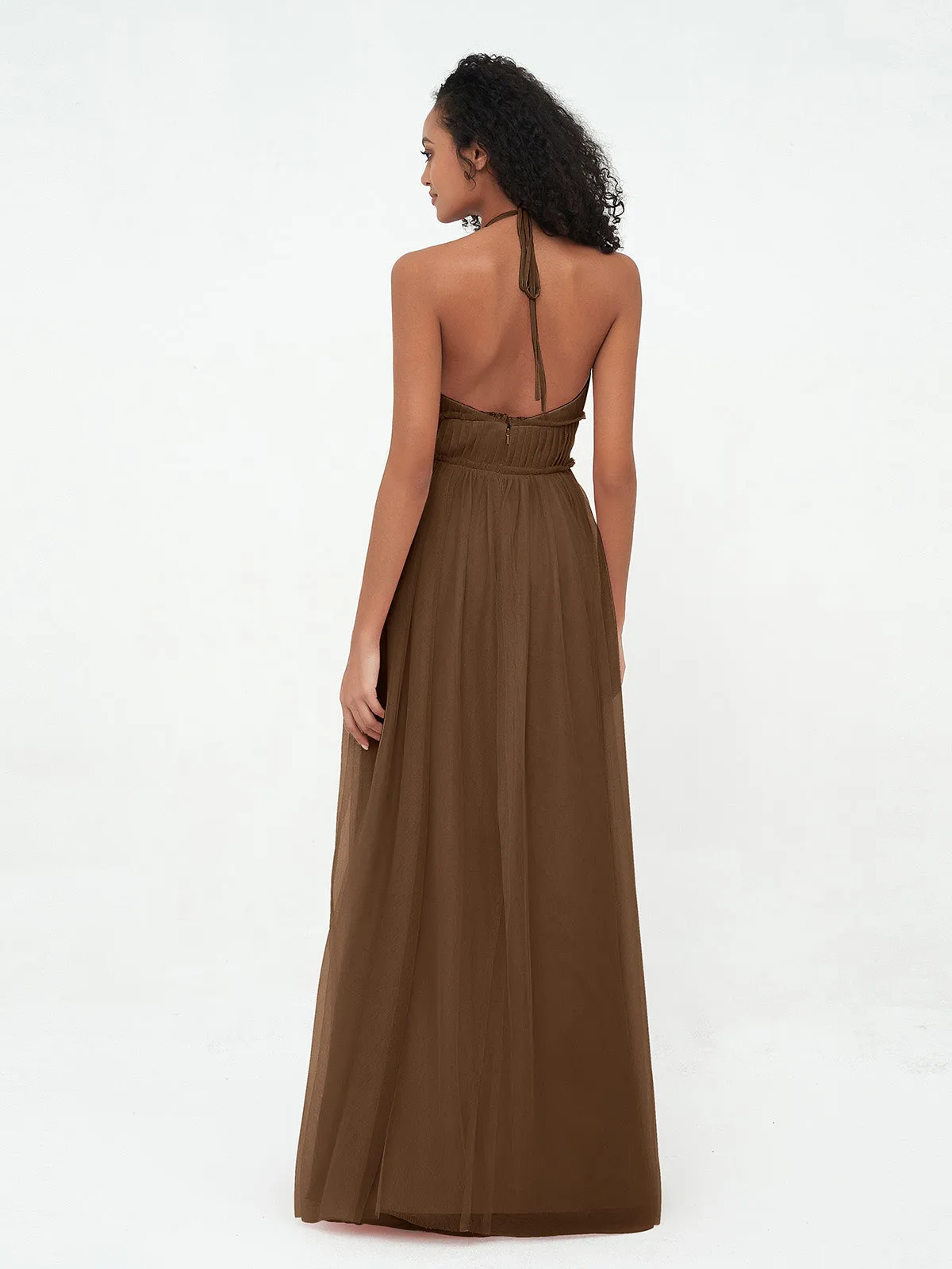 Illusion Halter Tulle Maxi Boho Dresses-Brown Plus Size