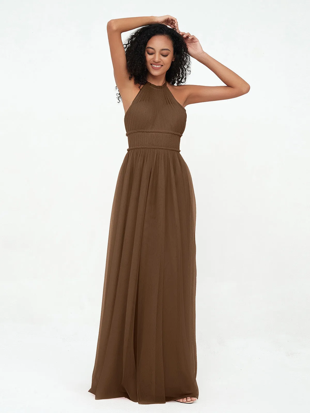 Illusion Halter Tulle Maxi Boho Dresses-Brown Plus Size