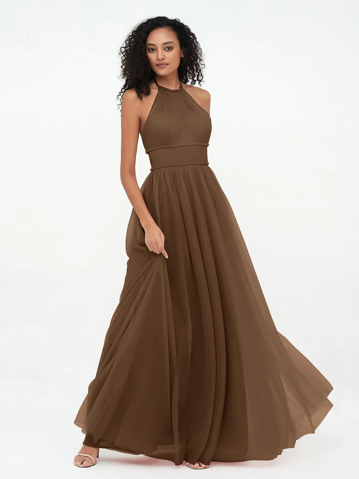 Illusion Halter Tulle Maxi Boho Dresses-Brown Plus Size