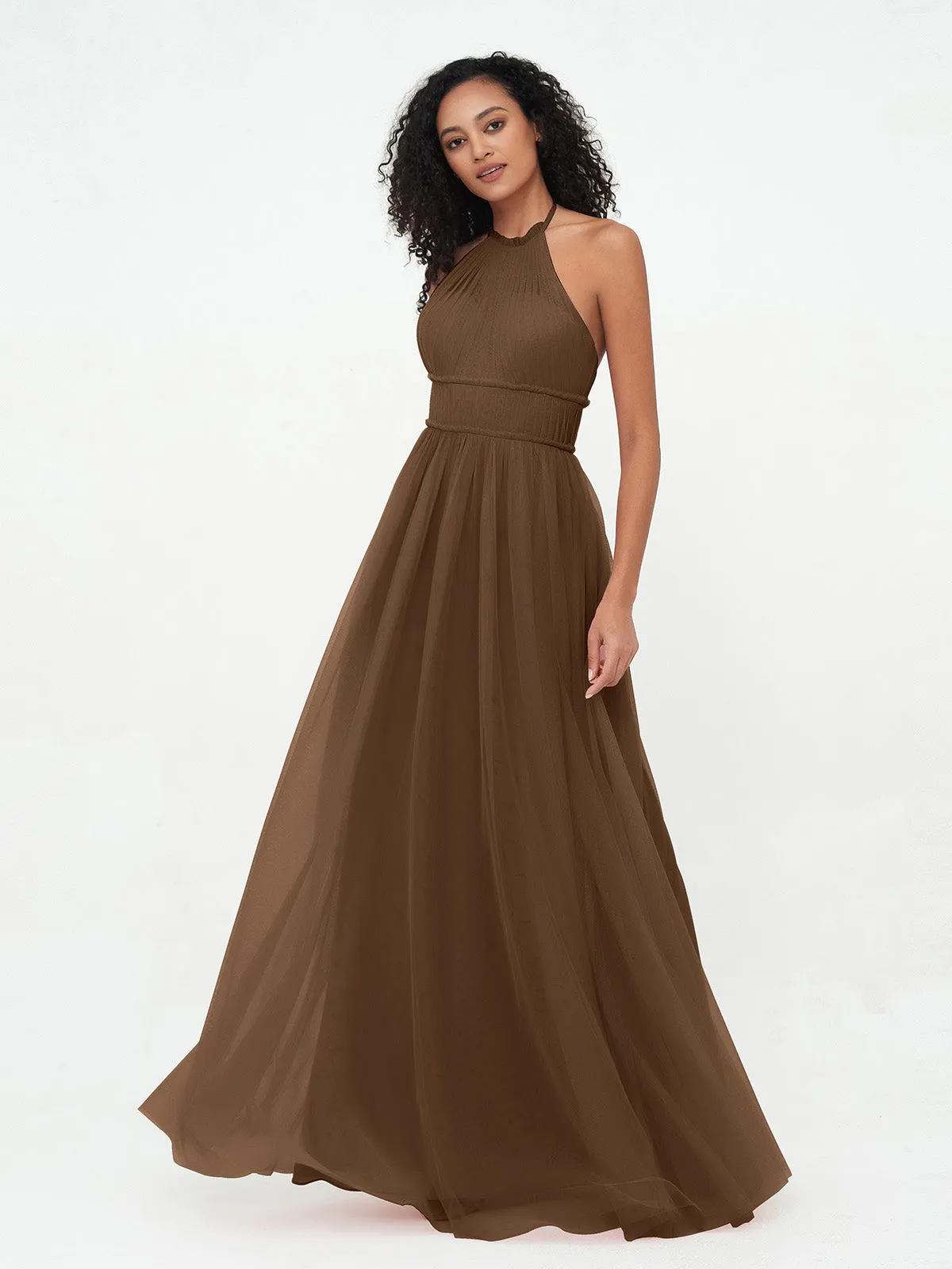 Illusion Halter Tulle Maxi Boho Dresses-Brown Plus Size