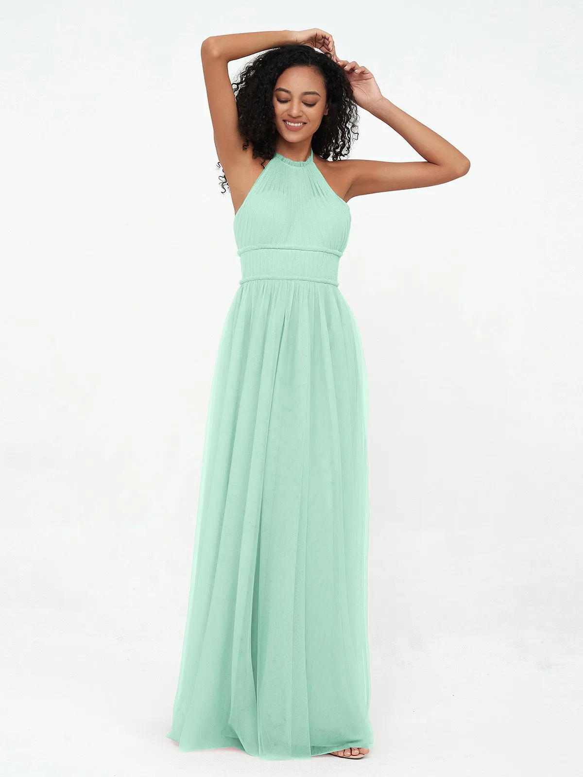 Illusion Halter Tulle Maxi Boho Dresses-Mint Green