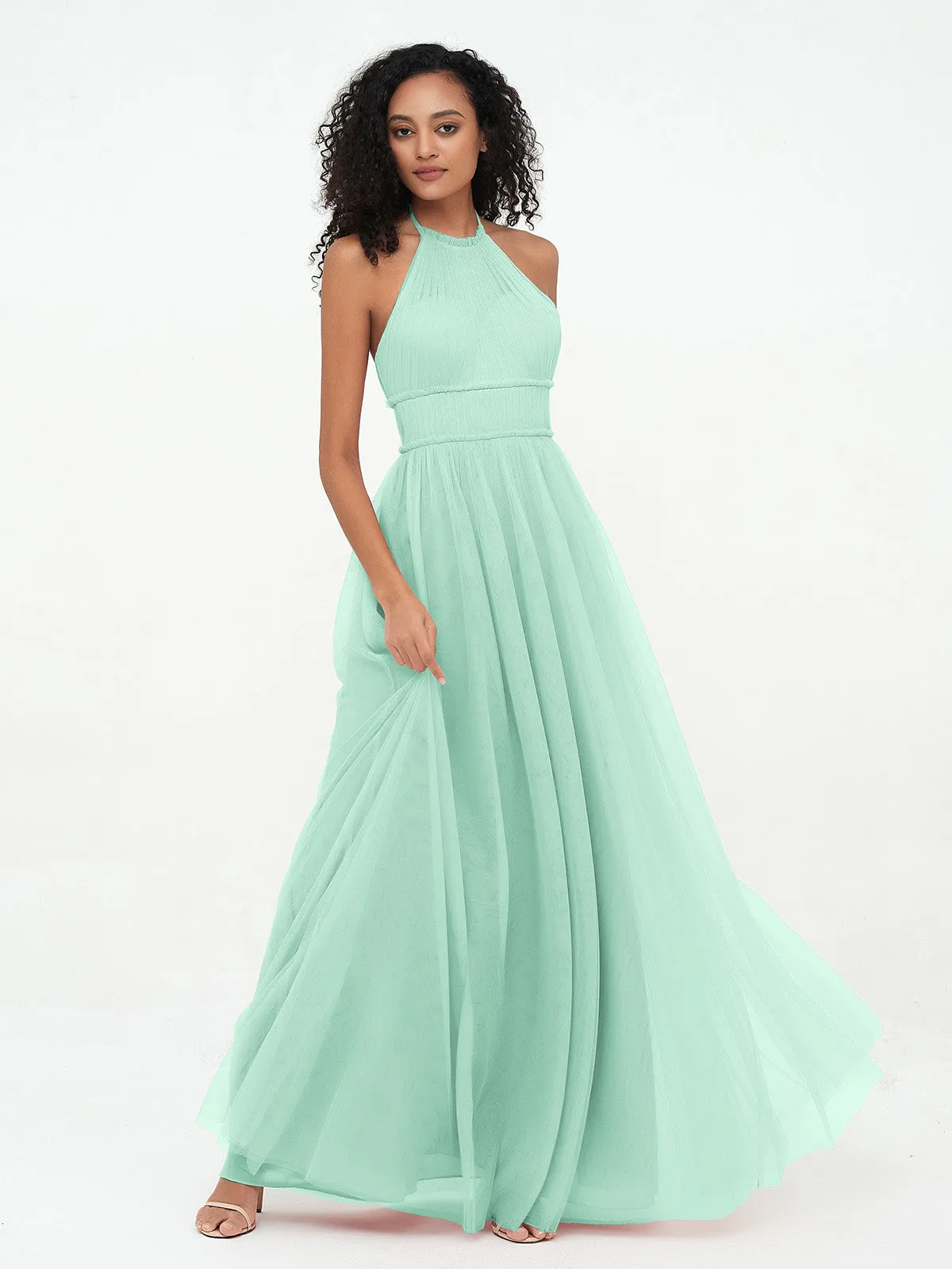 Illusion Halter Tulle Maxi Boho Dresses-Mint Green