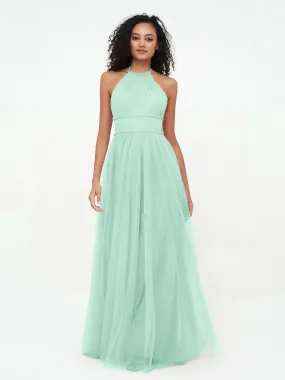 Illusion Halter Tulle Maxi Boho Dresses-Mint Green