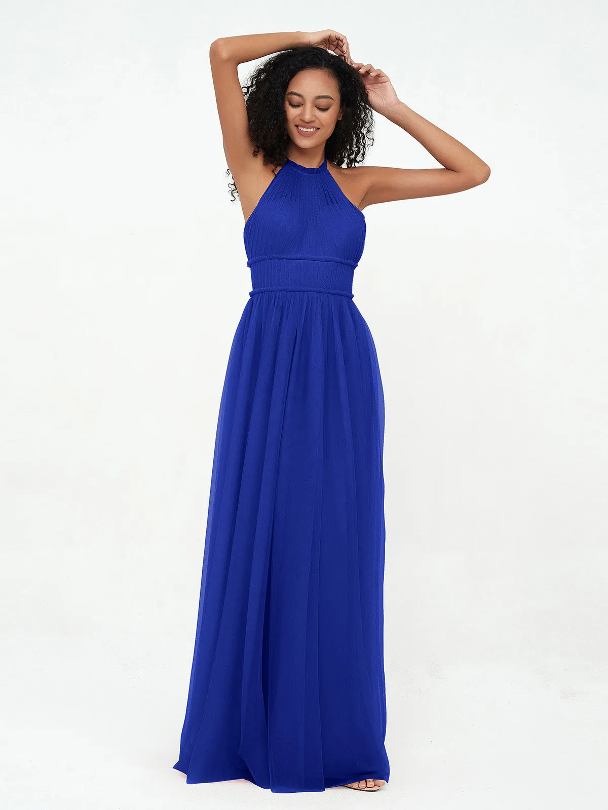 Illusion Halter Tulle Maxi Boho Dresses-Royal Blue Plus Size