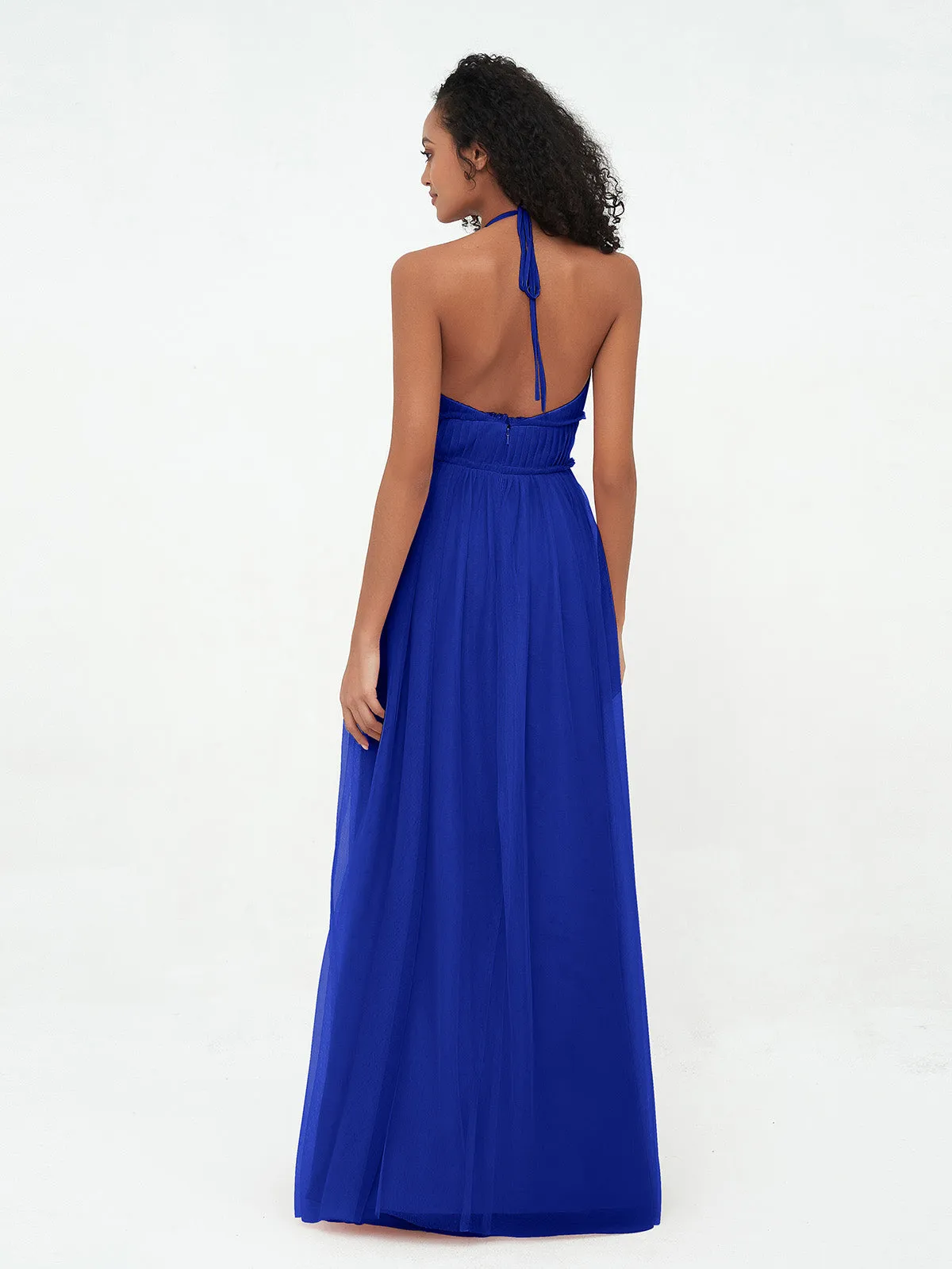 Illusion Halter Tulle Maxi Boho Dresses-Royal Blue Plus Size