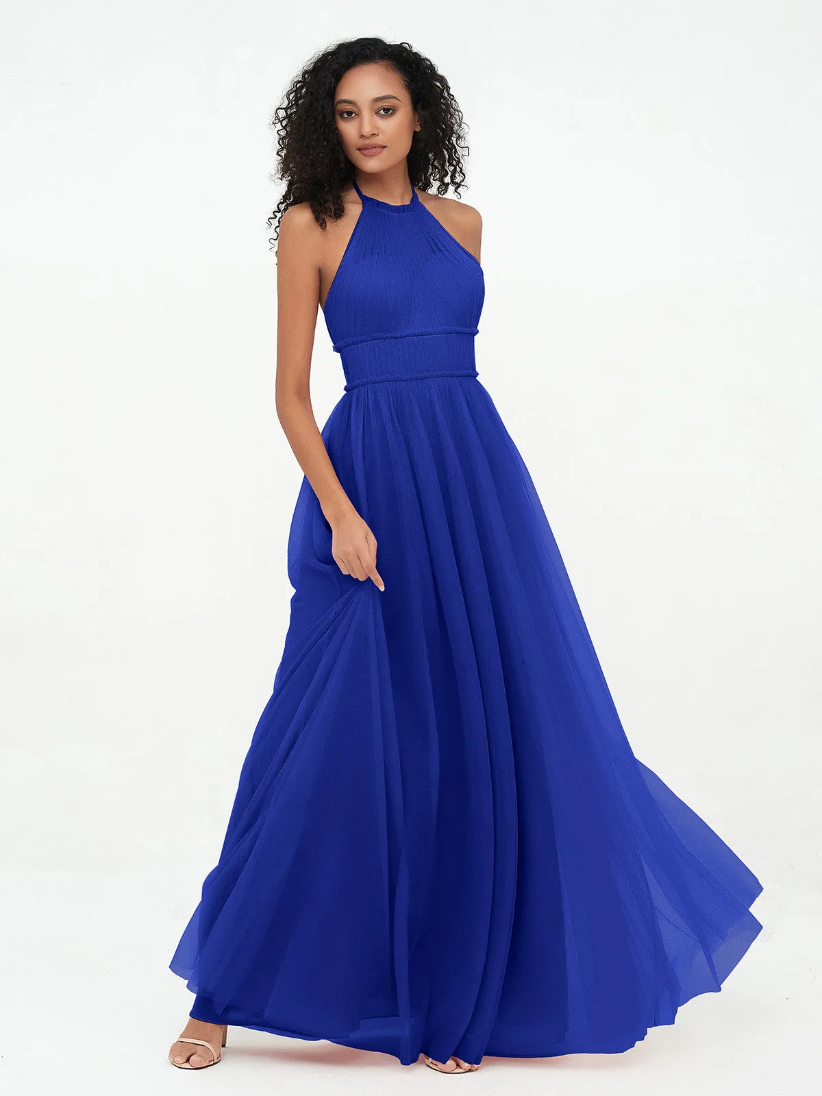 Illusion Halter Tulle Maxi Boho Dresses-Royal Blue Plus Size