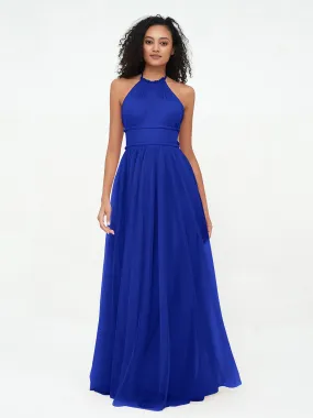 Illusion Halter Tulle Maxi Boho Dresses-Royal Blue Plus Size