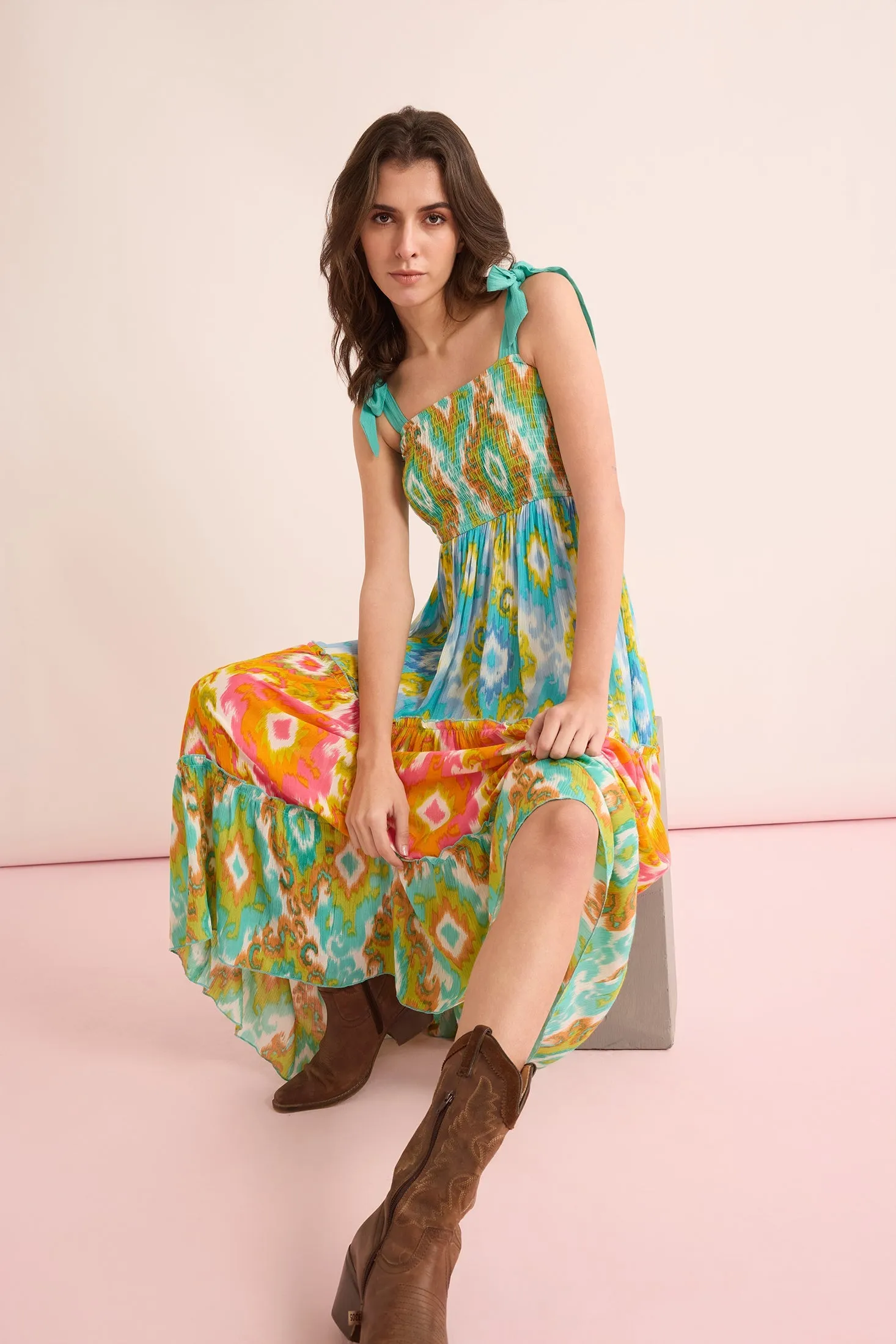 Jade Geometric Drop Waist Dress In Green And Orange