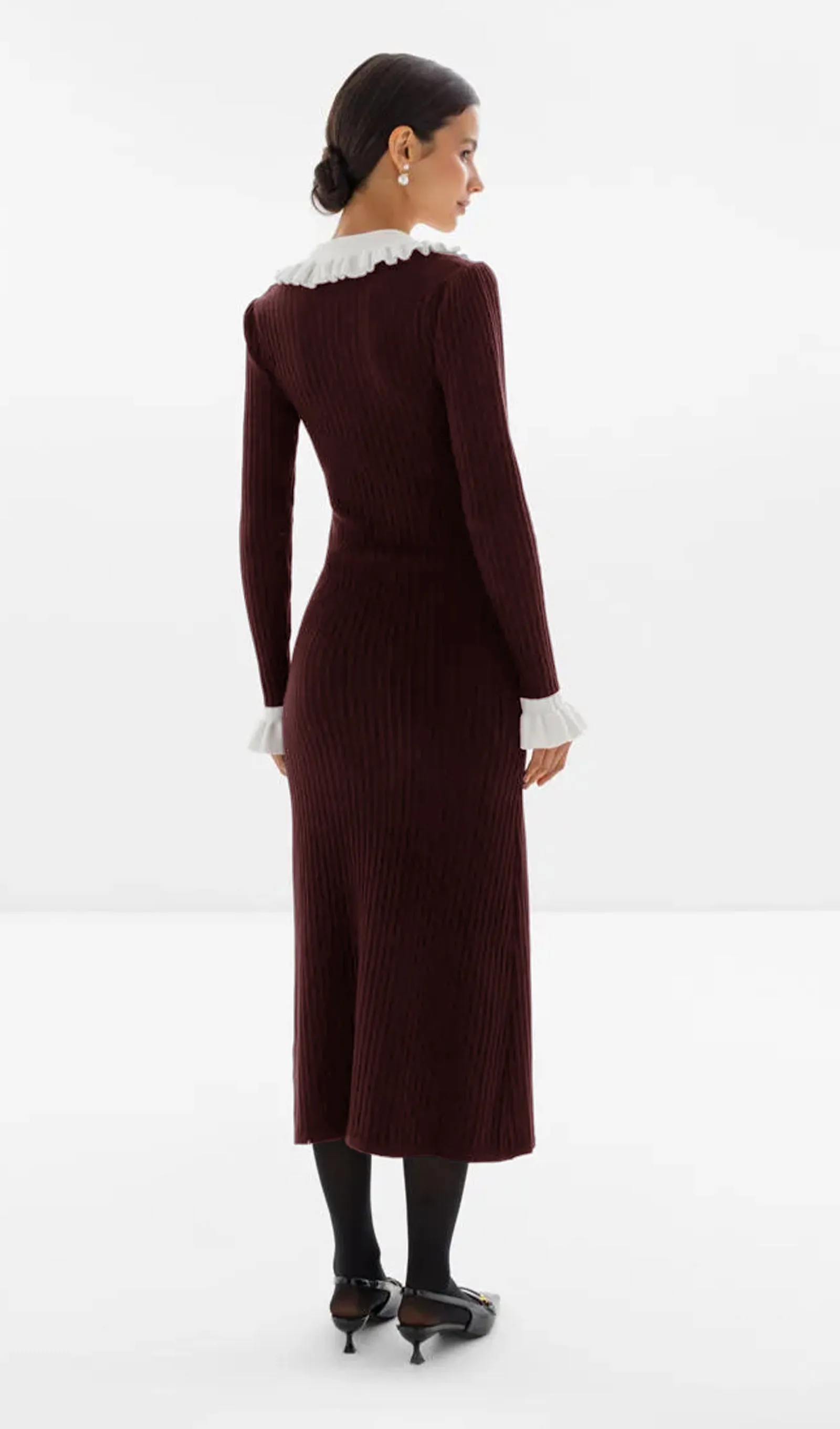 Jersey Ruffle Collar Midi Dress -Reddish Brown