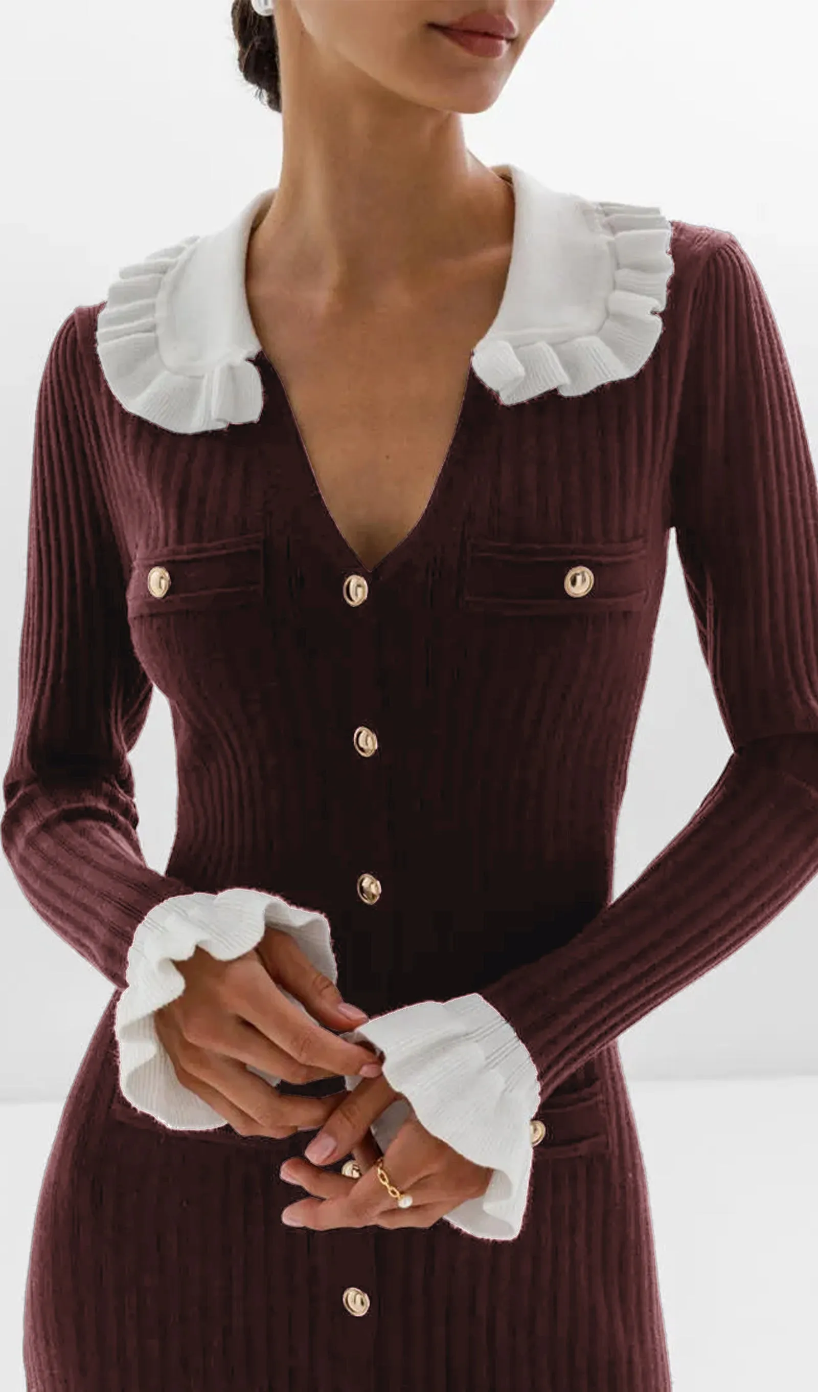 Jersey Ruffle Collar Midi Dress -Reddish Brown