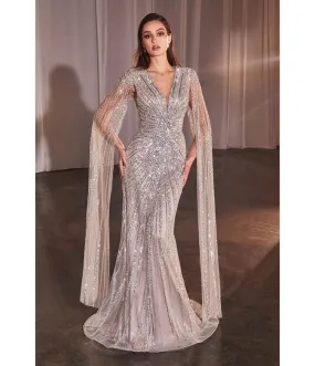 Ladivine by Cinderella Divine Silver Nude Beaded Cape Sleeve Slit Prom Dress