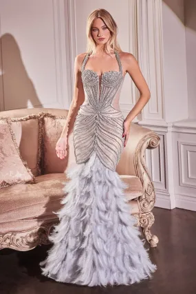 Ladivine CC4030 Sheer Pearl Sequin Feather Mermaid Prom Dress Corset Halter Formal Evening Gown